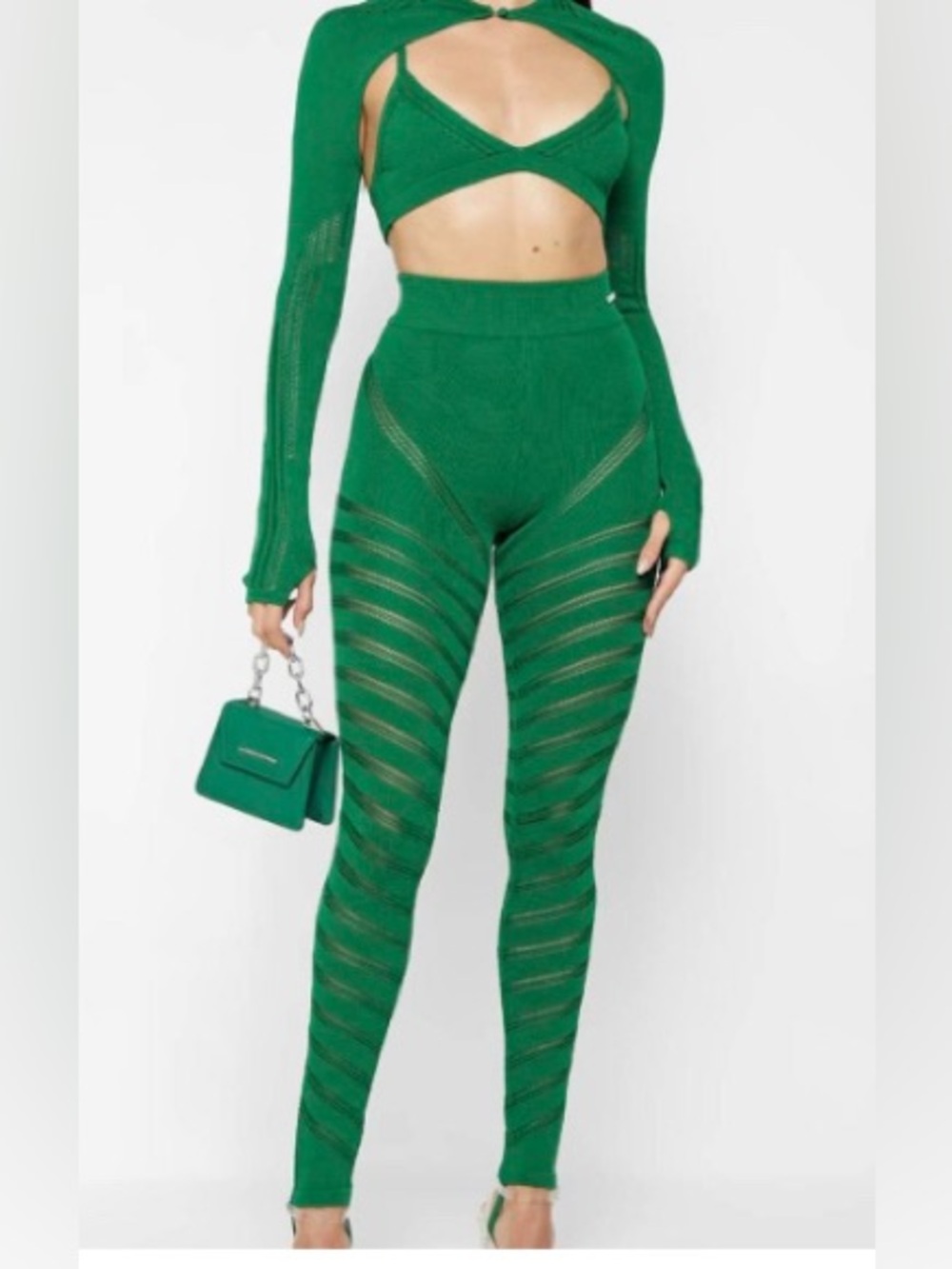 Maniere De Voir Emerald Green Sheer-Strip Knit Leggings with cardigan size s